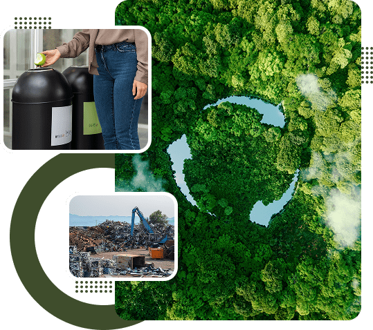 Aerial view of a green forest with a recycling symbol clearing, inset images of a person recycling and a scrap metal yard.